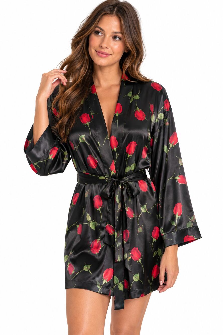Vintage Y2K 2002 Victoria’s Secret Satin Rose Floral Robe One Size Black